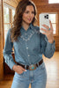 Dusk Blue Western Embroidered Collar Long Sleeve Denim Shirt