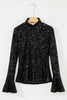 Black Sequin Mock Neck Drape Open Back Bell Sleeve Top