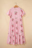 Pink Notched Neck Flutter Short Sleeve Floral Print Maxi Dress