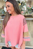 Gossamer Pink Floral Color Block Patchwork Long Sleeve Top