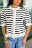Beige Stripe Ruffle Trim Button Down Knit Short Sleeve Sweater Cardigan