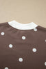 Brown Polka Dot Ribbed Trim Long Sleeve Top Casual Short Set