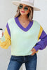Green Stitched V Neck Color Block Knitted Drop Shoulder Sweater