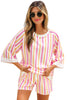 Pink Stripe Drop Shoulder Half Sleeve Loose Tee and Shorts Casual Set