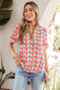 Red Floral Print Striped Detail V Neck Ruffled Short Sleeve Blouse