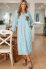 Sky Blue Stripe Contrast Leopard Patchwork Long Shirt Dress with Slits