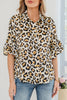 Khaki Leopard Print Ruffle Trim 3/4 Sleeve Loose Shirt