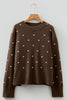 Coffee Dotted Print Ribbed Edge Knit Sweater