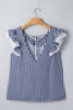 Blue Stripe V Neck Lace Contrast Ruffle Trim Tank Top