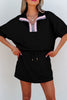 Color black Striped Collared Zip up Textured Skirt Set