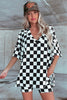 Black Checkerboard Print V Neck Loose Tee and Shorts Lounge Set