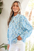 Sky Blue Paisley Print Puff Sleeve Loose Shirt