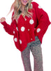 Red Polka Dot Button Front Oversized V Neck Cardigan