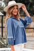 Dusk Blue Lace Ric Rac 3/4 Puff Sleeve Collared Babydoll Blouse