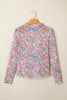 Blue Slim Fit Floral Mesh Long Sleeve Mock Neck Top