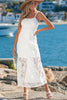 White Tie Spaghetti Straps Floral Lace Overlay Long Dress