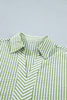 Green Stripe Shirt Collar Half Sleeve Blouse