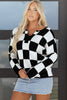Black Checked Notched Neckline Drop Shoulder Knit Sweater
