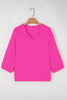 Bright Pink Frilled V Neckline Bracelet Sleeve Crinkled Blouse