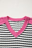 Black Stripe Textured Knit Twisted Rib Contrast Patchwork V Neck Long Sleeve Top