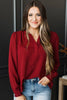 Burgundy Notched Neck Shirred Cuff Long Sleeve Blouse