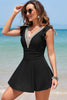 Black Ruffled Short Sleeve Lace Trim V Neck One Piece Swim Dress