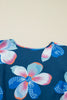 Blue Floral Print Short Puff Sleeve Ruffle Hem Belted Long Dress