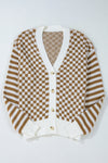 Brown Checkered Striped Patched Buttoned V Neck Cardigan