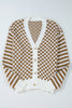 Brown Checkered Striped Patched Buttoned V Neck Cardigan