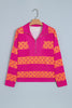 Brown Stripe Patchwork Polka Dot Accent Quarter Zip Long Sleeve Top
