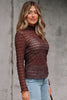 Coffee Sheer Mesh Patterned Lettuce Trim Slim Long Sleeve Top