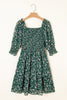 Green Smocked Square Neck Puff Short Sleeve Floral Dress