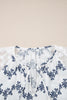 Blue Lace Patchwork Floral Bubble Sleeve V Split Neck Blouse