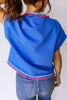Sky Blue Contrast Frilled Trim Button Collared Short Sleeve Knit Top