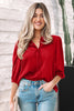 Fiery Red Solid Color Frilled V Neck Bow Detail 3/4 Sleeve Blouse