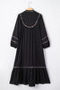Black Contrast Leopard Trim Split Neck Long Sleeve Casual Midi Dress