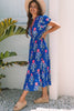 Blue Floral Puff Short Sleeve V Neck High Waist Maxi Dress