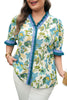 Sky Blue Plus Size Frilled V Neck Short Sleeve Floral Blouse