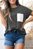 Carbon Grey Corded Knit Color Block Pocketed Crew Neck T Shirt
