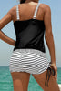 Black Striped Patchwork Side Drawstring Bottoms Tankini Set