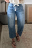 Beau Blue Solid Patchwork Grommet Tie Waist Loose Ankle-Length Jeans