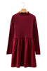 Red Dahlia Frilled Neck Ribbed Knit Patchwork Long Sleeve Mini Dress