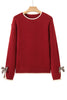 Racing Red Leopard Bow Decor Split Cuff Contrast Trim Sweater