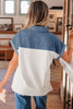 Black Color Block Denim Patchwork Button Polo Collar Short Sleeve Top