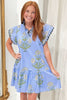 Sky Blue Wild Floral Print Scalloped Embroidery Trim V Neck Drop Waist Mini Dress