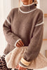 Coffee Contrast Trim Mock Neck Drop Shoulder Relaxed Sweater
