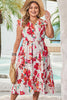 Pink Floral Print V Neck Ruffle Sleeve Plus Size Midi Dress