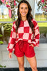 Red Checkerboard Plaid Long Sleeve Solid Color Shorts 2pcs Set