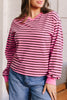 Pink Stripe V Neck Drop Shoulder Long Sleeve Top