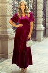 Evergreen Velvet Short Sleeve Shirred Waist Tiered Maxi Dress